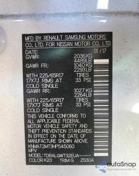 2017 Nissan Rogue S z USA, uszkodzony, nr VIN KNMAT2MT3HP545060